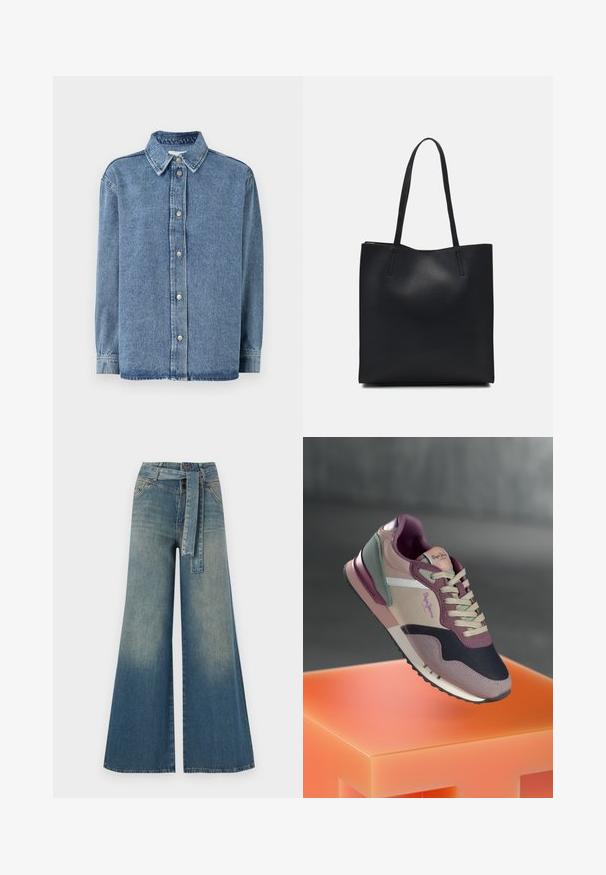 Denimskjorte i lyseblå med lange ermer, knappefrontlukking, spiss krage og en avslappet passform. Myk tekstur med minimal sømdetalj.; Bredde ben jeans med en lyseblå til mørkeblå gradient, høyt liv, beltehemper og et matchende belte i samme stoff. Teksturert denimoverflate.; Sneaker med en blanding av mauve, rosa og marineblå nyanser; stoff- og lærmaterialer; lagdelt design; fremtredende logo og teksturerte detaljer.; Svart lær tote bag med glatt tekstur, rektangulær form og to lange håndtak. Ingen synlige deler eller dekorasjoner.