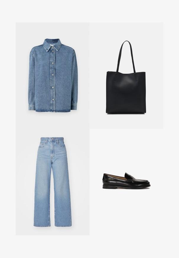 Denim shirt in light blue with long sleeves, button front closure, pointed collar, and a relaxed fit. Soft texture with minimal stitching detail.; Light blue high-waist wide-leg jeans with front button and zip closure, front and back pockets, on a white background.; Black leather loafer with a rounded toe, slip-on design, and subtle stitching details along the upper. Flat rubber sole.; Black leather tote bag with smooth texture, rectangular shape, and two long handles. No visible hardware or embellishments.