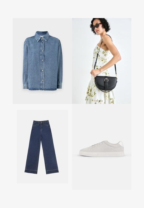 Vaaleansininen farkkupaita, jossa on pitkät hihat, napit edessä, terävä kaulus ja rento istuvuus. Pehmeä rakenne, jossa on minimaalista ommeltu yksityiskohtia.; Vyötäröltä leveät farkut tummansinisestä denimmateriaalista. Varustettu viidellä taskulla, vyölenkeillä ja näkyvillä sauman yksityiskohdilla. Raaka helma alareunassa.; Vaaleanharmaa mokkanahkainen lenkkari, jossa on pyöreä kärki, litteä valkoinen pohja ja hopeinen kantapään yksityiskohta. Nauhakiinnitys, jossa on vähäisiä ompeluyksityiskohtia.; Musta nahkainen käsilaukku, joka on kaareva muotoilultaan, irrotettavalla hihnalla ja kultaisilla yksityiskohdilla. Laukussa on läppä, jossa on solk yksityiskohta.