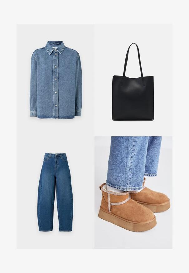 Cămașă din denim de culoare albastru deschis, cu mâneci lungi, închidere frontală cu nasturi, guler ascuțit și o croială lejeră. Textură moale cu detalii minime de cusătură.; Jeans din denim cu o nuanță medie de albastru, având talie înaltă, tăietură cu picioare largi și un design standard cu cinci buzunare, cu detalii de cusătură vizibile.; Cizme de gleznă din suede maro, cu o talpă groasă și texturată. Prezintă o curea decorativă cu un model în carouri în jurul gleznei.; Geantă tote neagră din piele, cu textură netedă, formă rectangulară și două mânere lungi. Fără hardware vizibil sau ornamente.