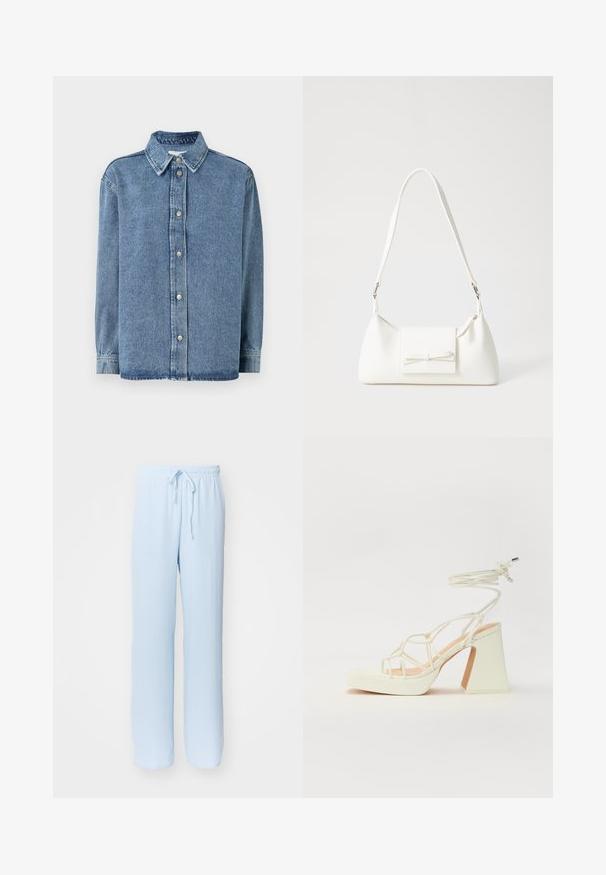 Denimska srajca v svetlo modri barvi z dolgimi rokavi, zapiranje spredaj s češlji, usnjeni ovratnik in sproščen kroj. Mehka tekstura z minimalnimi detajli šivanja.; Svijetloplave, široke hlače s elastičnim pojasom i podesivom vezicom; izrađene od mekog, prozračnog materijala, s glatkom teksturom.; Bela sandala na visokih petah s debelim petam, ki ima obliko trakcev in vezanje okoli gležnja. Gladka tekstura z platformo spredaj za dodatno višino.; Bela sintetična torbica v obliki trikotnika, z ravnim sprednjim poklopcem in detajlom mašne, nastavljivim trakom, gladko teksturo in minimalističnim dizajnom.