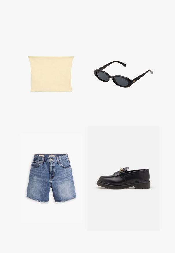 Bežová elastická tkanina má tvar tuby, hladký povrch a jednoduchý dizajn. Rozšírené okraje a žiadne viditeľné kovanie ani vzory.; Džínové šortky v stredne modrej farbe, s klasickým piatimi vreckami, zapínaním na gombík a rovným strihom nohavíc. S jemne vyblednutou textúrou po celom povrchu.; Čierne kožené mokasíny s okrúhlou špičkou, dekoratívnym strapcom a zlatými kovovými detailmi. Hrubá gumová podrážka pre lepšiu trakciu a odolnosť.; Čierne oversized slnečné okuliare s oválnymi šošovkami, hladkým plastovým rámom a zlatými akcentmi na straniciach. Tmavé šošovky poskytujú ochranu pred slnkom.; Tkaný slamený košík s rozšíreným tvarom, s čiernym koženým dnom a ušami. Textúrované prírodné vlákna s hladkými čiernymi akcentmi.; Štvorcové hodinky Cluse s bielym ciferníkom, zlatými a striebornými akcentmi a bi-metalovým remienkom so striedavými zlatými a striebornými článkami.