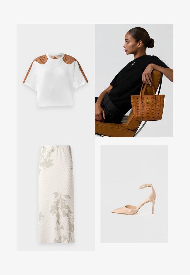 Geknipte witte t-shirt met korte mouwen, voorzien van bruine patronen op de schouders en een klein zilveren logo aan de voorkant.; Witte rok met een smal streepjespatroon en lichtgrijze bloemmotieven. Elastische tailleband voor een comfortabele fit.; Nude patenten leren puntige schoen met een enkelbandje en een stilettohak, met een gladde textuur en een minimalistisch ontwerp.; Vrouw met een knot zit zijwaarts op een tan lederen stoel, met een tan-beschreven tote bag in haar handen met zwarte logo's en een gouden embleem.