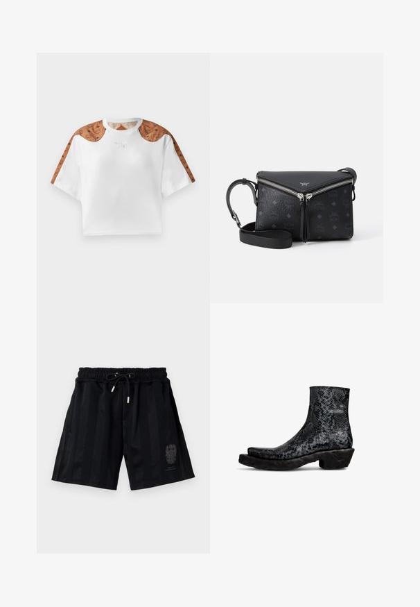 Cropped white t-shirt with short sleeves, featuring brown patterned accents on shoulders and a small silver logo on the front.; Black athletic shorts with an elastic waistband and drawstring, featuring horizontal stripes and a subtle emblem on the left leg.; Black python-patterned ankle boots with a textured upper and a chunky black rubber sole. Features a rounded toe and low shaft design.; Black leather crossbody bag with silver V-shaped zipper, embossed logo pattern, and adjustable strap on white background.