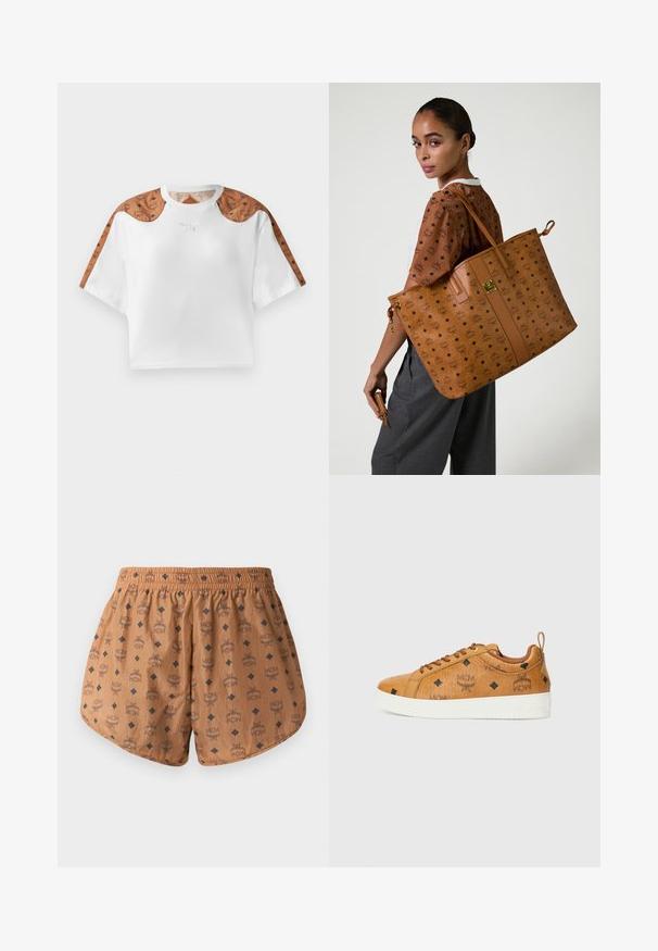 Besluttet hvid t-shirt med korte ærmer, der har brune mønstrede detaljer på skuldrene og et lille sølvlogo på forsiden.; Brune shorts med et helovertrykt logo-mønster og mørkeblå diamantdetaljer, elastisk talje og let, struktureret stof.; Brune lædersneakers med kontrastfarvede hvide gummisåler, prydet med sorte diamantmønstre og MCM-logoer på siden. Inkluderer snørebånd og en bagåbning.; Stor tan tote bag med et præget mønster, som har en glat tekstur, flade stropper og et hardware-accent i guld tono.; Brun læderpung med lynlås, prydet med sorte MCM-logoer og diamanter på en glat teksturoverflade.