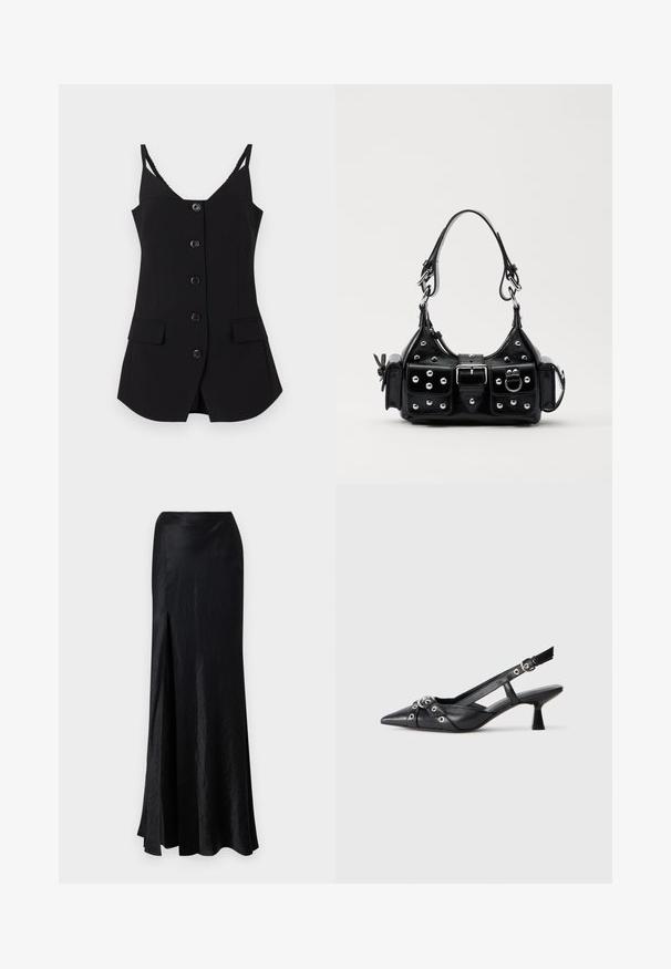 Zwart mouwloos topje met een V-hals, zes knopen aan de voorkant, twee zijzakken en gestructureerde bandjes. Glad materiaal met een gesneden pasvorm.; Nanushka HARLOW - Maxirok - black; Zwarte leren slingback schoen met een puntige neus, decoratieve banden met metalen oogjes en een lage blokhak. Textuur oppervlak.; Zwarte lederen handtas met een gebogen ontwerp, voorzien van zilveren studs, een gesp en twee zijvakken. Verstelbare schouderband voor verschillende draagmogelijkheden.