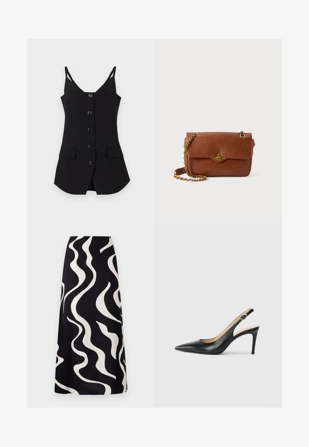 Top negro sin mangas con escote en V, seis botones frontales, dos bolsillos laterales y tirantes texturizados. Tela suave con un corte entallado.; Falda negra con patrones ondulados en blanco. Hecha de una tela ligera, presenta un diseño fluido y un corte recto. Ideal para uso casual.; Tacones altos negros de cuero con tirantes, punta afilada, correa ajustable y un elegante tacón de aguja, con un acabado suave.; Bolso cruzado de cuero marrón con cierre de solapa, herrajes dorados y correa de cadena. Textura suave, forma rectangular, con un diseño mínimo.