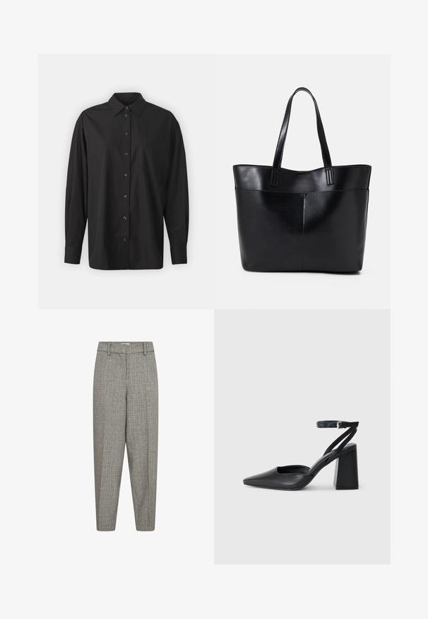 GAP THE BIG SHIRT - Bluza z gumbi - black; Sive vzorirane hlače z ozkim krojem, ravnim sprednjim delom, zankami za pas in gladko teksturo. Brez vidnih žepov ali kovinskih detajlov.; Črne usnjene klasične čevlje z ostrim nosom, z zaponko za gleženj in debelim peto. Ravna tekstura, eleganten dizajn in minimalistična estetika.; Črna usnjena torba z dvema dolgima ročajema, gladko teksturo in strukturirano obliko. Ima sprednji žep za dodatno shranjevanje.