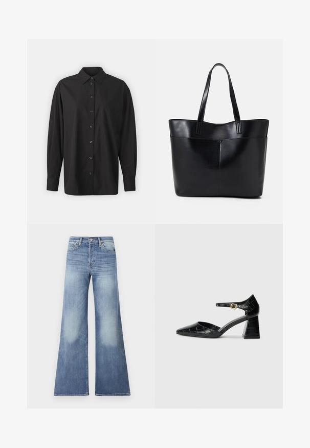 GAP THE BIG SHIRT - Cămașă - black; Jeans din denim albastru deschis, cu croială evazată și talie înaltă, având detalii de decolorare și accesorii cusute, concepute pentru o potrivire relaxată.; Pantofii negri din piele lăcuită cu toc înalt, vârf ascuțit, curea la gleznă și model texturat de crocodil. Design cu toc pătrat.; Geantă oversized din piele neagră, cu două mânere lungi, de textură netedă și formă structurată. Are un buzunar frontal pentru stocare suplimentară.