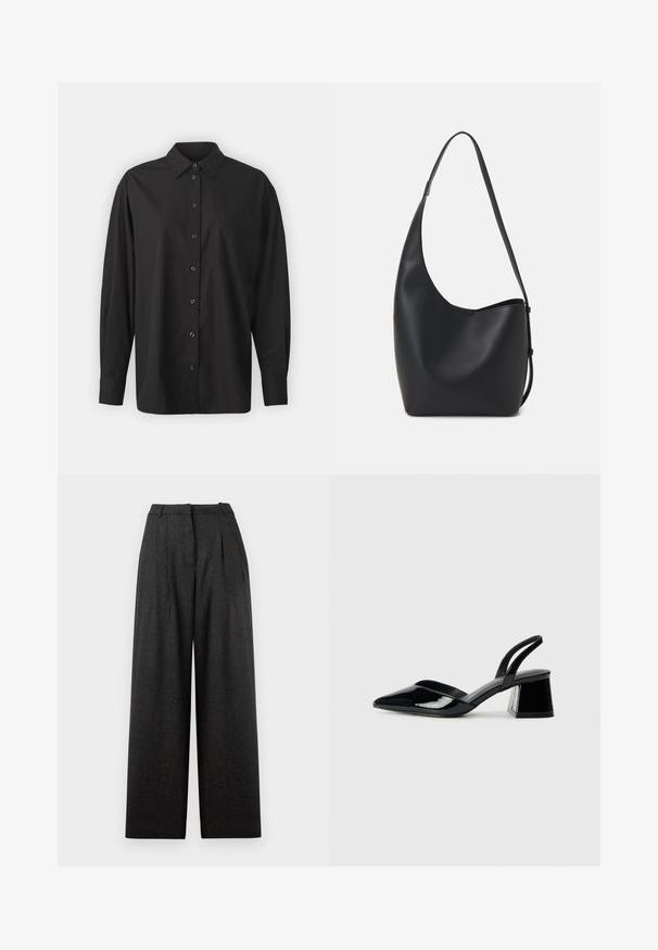 GAP THE BIG SHIRT - Košilová halenka - black; Široké kalhoty v tmavě šedé kostkované vzoru, s vysokým pasem, sklady a strukturovaným střihem. Vyrobeno z texturované látky.; Černé lakované kožené lodičky na pásku s špičatou špičkou a geometrickým blokovým podpatkem. Vyznačují se elegantním, minimalistickým designem a hladkým povrchem.; Černá kožená hobo taška s hladkým povrchem, zakřiveným tvarem a jedním nastavitelným popruhem; má široké otevírání nahoře.