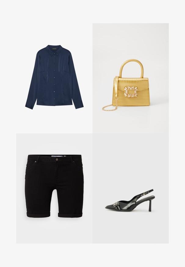 Jūras bruņoto spēku zila garām piedurknēm krekls no gludas auduma, ar pogām aizdari priekšpusē, apkakli un divām krūšu kabatām. Piegriezums, kas pielāgots ar aprocēm.; Melna denima šorti ar taisnu piegriezumu, ar sarullētajām malām, priekšējo pogu aizdari un sānu kabatām. Gluda tekstūra un minimālisma dizains.; Melnā patentēta ādas sandale ar norādītu purngalu, potītes siksniņām ar sudraba sprādzēm un aparatūru, kā arī smalku papēdi.; Dzeltena mākslīgā krokodila roku soma ar strukturētu dizainu, augšējo rokturi, noņemamu ķēdes siksniņu un dekoratīvām kristāla rotājumiem aizdares daļā.; Zelta krāsas auskari ar teksturētām, viļņotām formām. Iekļauts skulpturāls piespraužams modelis un atvērta gredzenveida konstrukcija ar izsistām virsmām.