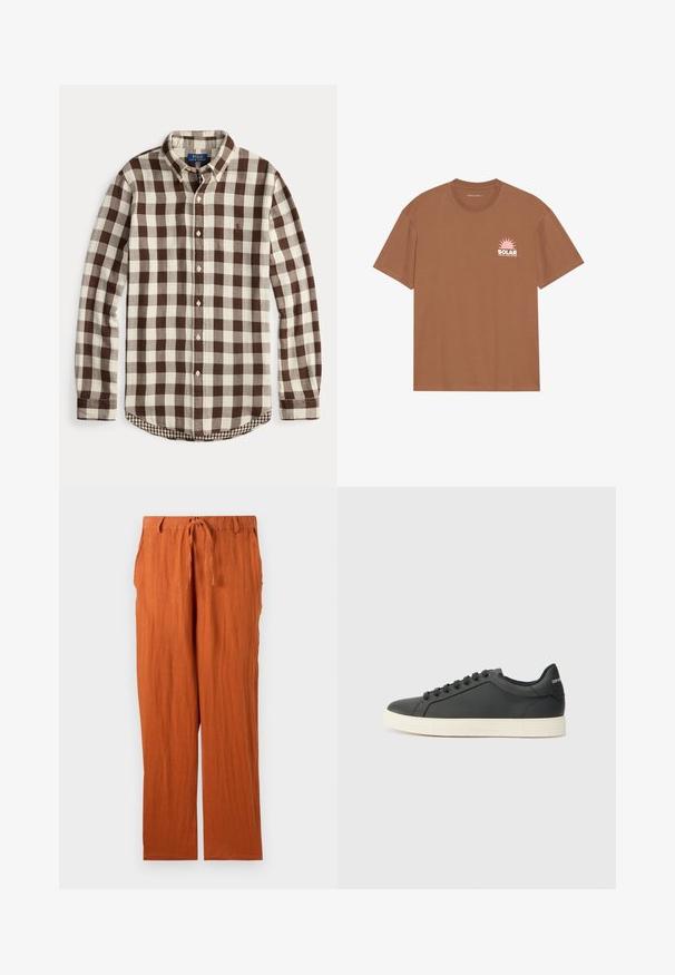 Long-sleeve button-down shirt with brown and cream checkered pattern, buttoned collar, and subtle embroidered logo on chest.; Brown short-sleeve t-shirt made of cotton, featuring a pink sun graphic and "SOLAR" text on the left chest. Crew neck design.; Rust-colored pants made of textured fabric, featuring a tie waistband and straight-leg design. Simple and unembellished style.; Black leather sneaker with a low profile, rounded toe, and lace-up closure; features a textured rubber sole and logo detail on the heel.