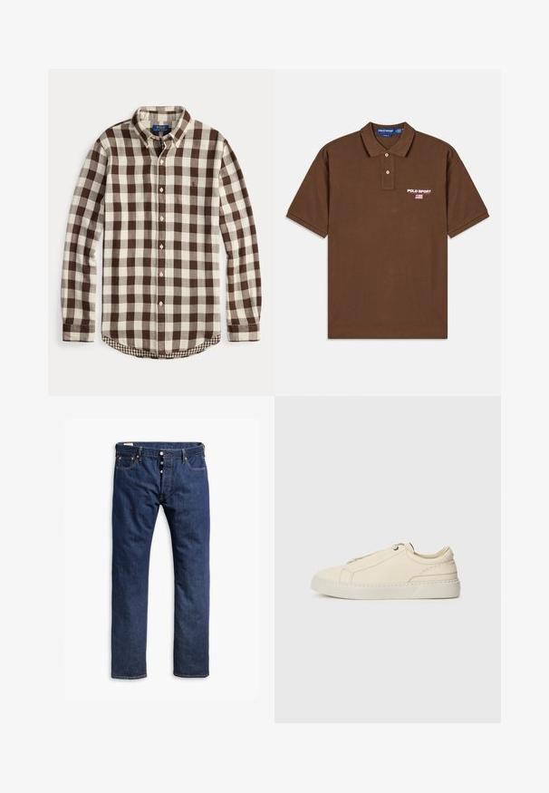 Long-sleeve button-down shirt with brown and cream checkered pattern, buttoned collar, and subtle embroidered logo on chest.; Brown short-sleeve polo shirt with two buttons, Polo Sport Ralph Lauren logo, and small American flag embroidery on chest.; Dark blue denim jeans featuring a straight leg design, contrast stitching, a button-fly closure, and five-pocket styling.; Beige leather sneaker with a rounded toe, minimalistic design, subtle stitching details, and a textured upper, on a light sole.
