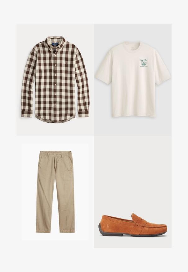 Garām piedurknēm krekls ar pogām, brūna un krēmkrāsas rūtainu rakstu, pogājamu apkakli un nelielu izšūtu logotipu uz krūtīm.; Balta kokvilnas T-krekls ar īsām piedurknēm, uz kreisā krūtīm zaļš Lev's logotips un teksts. Brīvs piegriezums, gluda tekstūra.; Beigās taisnās kājas chinos bikses ar jostas cilpām, priekšējo pogu un rāvējslēdzēja aizdari, kā arī slīpām priekšējām kabatām.; Brūni zamša mokasīni ar mokasīnu dizainu, ar izšūtu priekšdaļu, slip-on stilu un gumijas zoli, kas nodrošina saķeri.