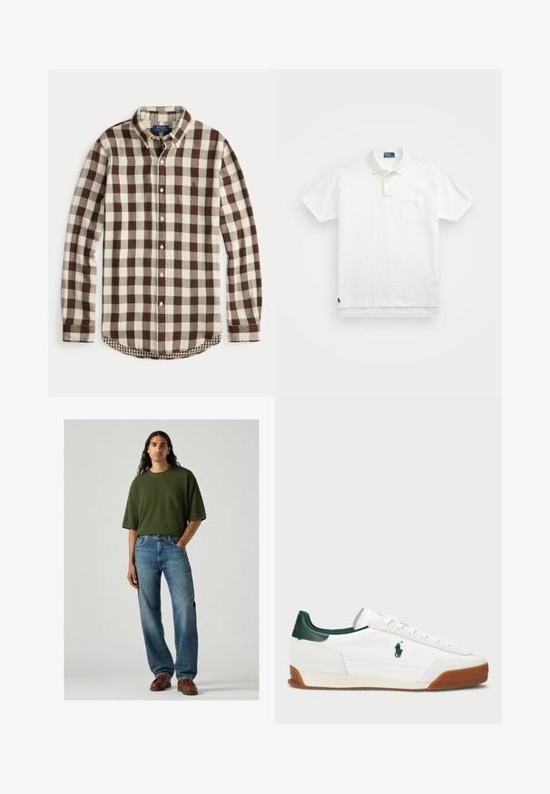 Overhemd met lange mouwen en knopen, met bruin en crèmekleurig geruit patroon, een knoopsluiting bij de kraag en een subtiel geborduurd logo op de borst.; Witte poloshirt van katoen, met een klassieke kraag, een knoopsluiting met drie knopen en een borstzak aan de linkerkant; klein logo aan de onderrand.; Groene t-shirt met korte mouwen en een borstzak, gecombineerd met lichtblauwe spijkerbroek. Het model staat in bruine schoenen op een grijze achtergrond.; Witte sneaker met groene leren accenten en een beige rubberen zool. Bevat een stoffen bovenwerk en een prominent logo aan de zijkant. Vetersluiting.
