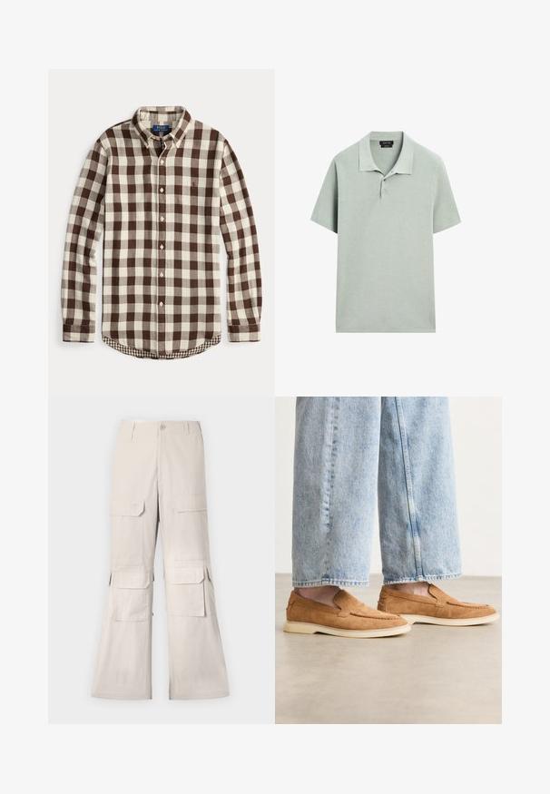 Koszula na guziki z długim rękawem w brązowo-kremowy wzór w kratę, zapięty kołnierzyk i subtelne haftowane logo na piersi.; Koszulka polo w jasnym zielonym kolorze, krótki rękaw, miękka tekstura materiału, kołnierzyk z trzema guzikami, minimalistyczny design, bez widocznych wzorów.; Beżowe spodnie typu cargo w luźnym kroju, z wieloma kieszeniami na klapie po bokach i zapięciem na guzik. Wykonane z lekkiego materiału.; Brązowe zamszowe buty slip-on o niskim profilu, z kremową podeszwą i detalami w szyciu, w połączeniu z jasnoniebieskimi spodniami dżinsowymi.