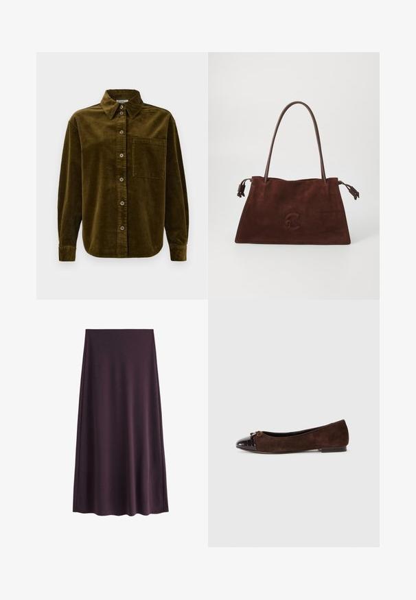 Kordfløyelskjorte i mørk olivengrønn, med krage, frontknapper og lomme på venstre bryst. Teksturert med vertikale striper.; Lilla skjørt laget av glatt stoff, med A-linje silhuett og knelengde, uten synlige mønstre eller lukninger.; Brune suede balletflats med en blank mørkebrun patent lær tåhette og en liten sløyfe foran. Flat hæl.; Brun semsket toteveske med doble lærhåndtak, myk tekstur, flat form og en subtil preget logo foran.