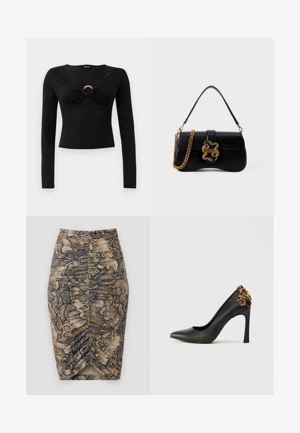 Melnā, garām piedurknēm, tops ar V veida kakla izgriezumu, ar sakrocītu audumu krūšu daļā un noapaļotu metāla akcentu centrā. Mīksts, elastīgs materiāls.; Čības ādas raksta zīmuļsvārki bēšā, brūnā un melnā krāsā. Sānos ir rūtošana un šķiršanās apakšmalā. Gluda tekstūra.; Melnas ādas augstpapēžu kurpes ar smailu purngalu un leoparda raksta akcentu aizmugurē, ar zeltainiem elementiem papēdī.; Melna ādas rokassoma ar izliekumu formu, zelta čūskas akcents un ķēdes siksna. Iezīmējas ar atloku aizdari un metāla logo plāksni.