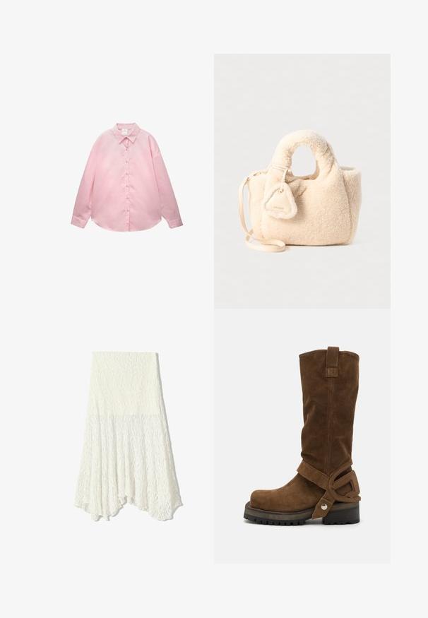Světle růžová košile s dlouhým rukávem a knoflíky, s tenkými bílými svislými pruhy a špičatým límcem, položená na bílé ploše.; Bílá krajková sukně s texturovaným vzorem, s asymetrickým lemem a splývavým střihem, vyrobená z lehkého materiálu.; Diesel D-TEXAN 2IN1 CH - Kovbojské/motorkářské kozačky - khaki; Beige kabelka z imitace beránka s plyšovou texturou, kulatými držadly, odnímatelným ramenním popruhem a trojúhelníkovou dekorativní visačkou.
