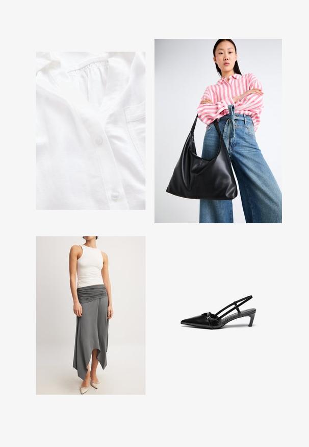 Camisa blanca de botón con un tejido texturizado, que presenta una tapeta completa, un escote fruncido y un pequeño bolsillo en el pecho.; Top sin mangas de color blanco combinado con una falda gris fluida que tiene una cintura fruncida y un dobladillo asimétrico. La modelo lleva puestos zapatos de tacón beige.; Zapatos de charol negro con tira trasera, punta afilada, detalles de una sola tira y un tacón bajo y estructurado. Textura suave con acentos mínimos.; Bolso de hombro de cuero negro con forma relajada y detalles de costura. La modelo lleva una camisa a rayas rosas y blancas con jeans de pierna ancha azules.