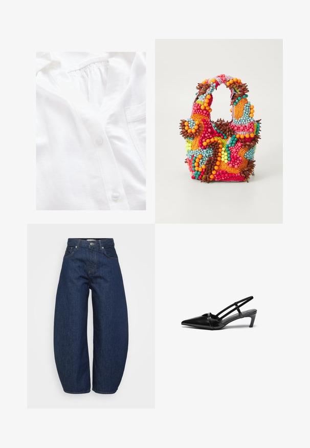 Biała koszula z guzikami z teksturowanej tkaniny, z pełnym zapięciem, marszczonym dekoltem i małą kieszonką na piersi.; Jeansy dżinsowe w ciemnoniebieskim kolorze z wysokim stanem i szerokimi nogawkami, z zapięciem na guziki i suwak z przodu oraz klasycznym pięciopocketowym designem.; Czarne lakierowane buty typu slingback z wydłużonym noskiem, pojedynczym paskiem i niskim, regularnym obcasem. Gładka tekstura z minimalnymi akcentami.; Torebka z koralikami w żywych kolorach: różowym, pomarańczowym, niebieskim i brązowym. Teksturowana powierzchnia z okrągłymi koralikami i organicznymi kształtami, mocne uchwyty.; Srebrny kolczyk w kształcie koła z polerowanym wykończeniem, z małymi złotymi akcentami, noszony na płatku ucha.