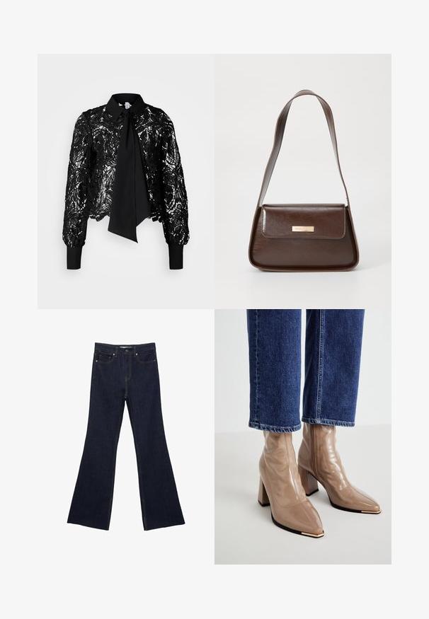 Vero Moda Tall VMEDA czarny; Ciemnoniebieskie dżinsy w stylu dzwonów z klasycznym pięcioma kieszeniami i widocznym szwem. Tkanina ma gładką fakturę z minimalnym wyblaknięciem.; RAID - Botki na obcasie; Brązowa skórzana torba na ramię o wyraźnej formie, z magneticznym zapięciem w klapie i metalowym logo na przodzie.