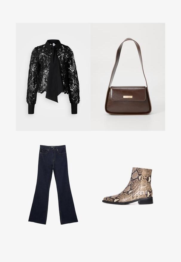 Vero Moda Tall VMEDA SHORT BOW SHIRT - Pusero - black; Tummansiniset farkkukellot, joissa on perinteinen viiden taskun muotoilu ja näkyvät saumat. Kangas on sileää tekstuuria ja siinä on vain vähän kulumista.; Matkakuoren nilkkuri, jossa on terävä kärki, kiiltävä pinta, neutraalit beige- ja ruskeat värit, matala musta korko ja teksturoitu kuvio.; Ruskea nahkainen olkalaukku, jossa on rakenteellinen muotoilu, ja jossa on magneettinen läppäkiinnitys sekä metallinen logo korostus edessä.