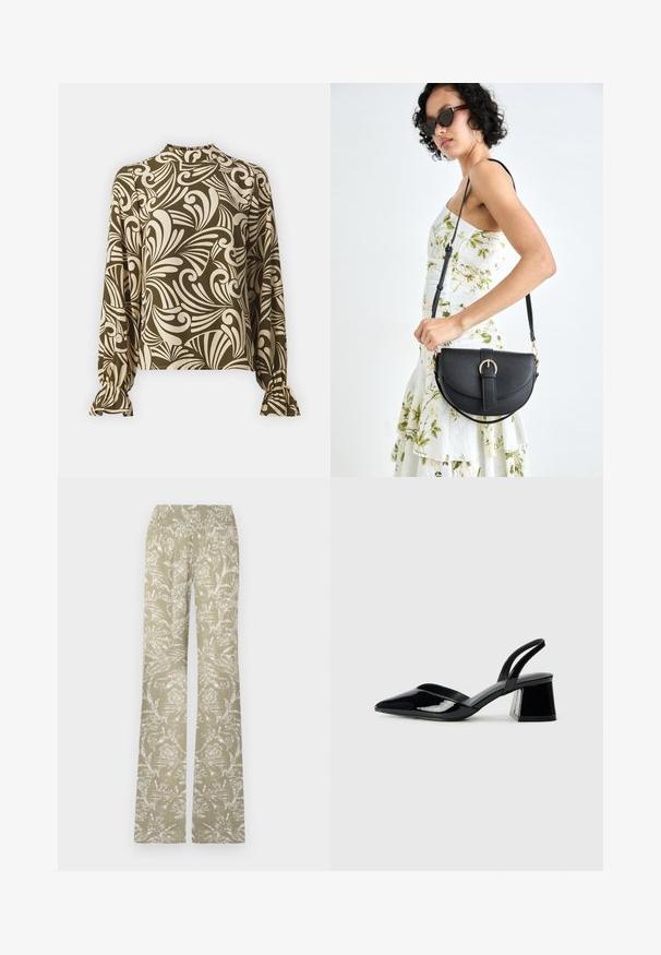 Žalia ir kreminė palaidinė su sukimosi gėlių raštu; turi aukštą kaklą ir surinktus rankogalius, pagaminta iš lygios medžiagos.; Šviesiai žali flared kelnės su baltais gėlių raštais. Turi elastinę juosmenį ir tekstūruotą paviršių.; Juodos lakuotos odinės šlepetės su smailiu pirštu ir geometriniu bloko kulnu. Turi elegantišką, minimalistinį dizainą ir lygų paviršių.; Juodas odinis krepšys su išlenkta forma, nuimamu dirželiu ir auksiniais detalėmis. Krepšys turi kilpą su sagtimi.