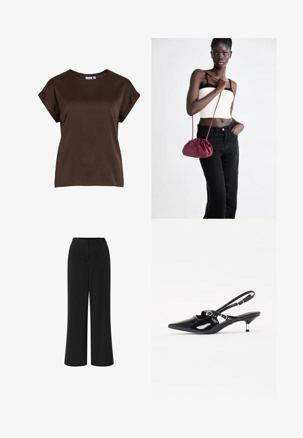 Rjav kratkosledek top z okroglo ovratnico, izdelan iz gladkega materiala, z zavitimi rokavi in sproščenim prileganjem. Vidna oznaka blagovne znamke.; Črne široke hlače iz gladkega materiala. Imajo raven sprednji del, pas z zankami za pas in dva stranska žepa.; Črne patentne usnjene slingback čevlje s koničastim nosom, ozkim peto in nastavljivim zaponko čez nart. Gladka tekstura.; Burgundska mehka torbica z zbranim dizajnom in dolgim trakom, nošena čez telo. Model nosi belo kratko majico in črne kavbojke.