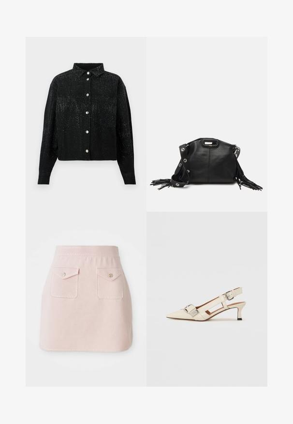Black, button-up shirt with a collar, featuring a textured fabric and scattered metallic embellishments. One chest pocket on the left side.; Pink skirt made of fabric with a smooth texture. Features two front pockets with flap closures and decorative stitching along the hem.; White leather slingback shoe with a pointed toe, small heel, and adjustable strap featuring a prominent silver buckle detail.; Maje MISS MINI - Cross body bag - noir; Gold-tone earrings with multiple cascading chains, featuring clear oval rhinestone accents and decorative stud tops.