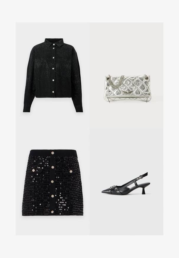 Czarna koszula z guzikami i kołnierzykiem, wykonana z teksturowanej tkaniny, z rozproszonymi metalowymi zdobieniami. Jedna kieszeń na piersi po lewej stronie.; Czarna spódnica z cekinami, o dopasowanym kroju, z dwiema przednimi kieszeniami i dekoracyjnymi guzikami z akcentami w postaci kamieni szlachetnych. Gładka tekstura na całej powierzchni.; Czarne skórzane buty typu slingback z ostrym noskiem, ozdobnymi paskami z metalowymi oczkami oraz niskim klinowym obcasem. Teksturowana powierzchnia.; Srebrna torebka metaliczna z łańcuszkowym uchwytem, pikowanym wzorem, dekoracyjnym haftem i zapięciem na zamek błyskawiczny. Posiada wytłoczone akcenty na przodzie.