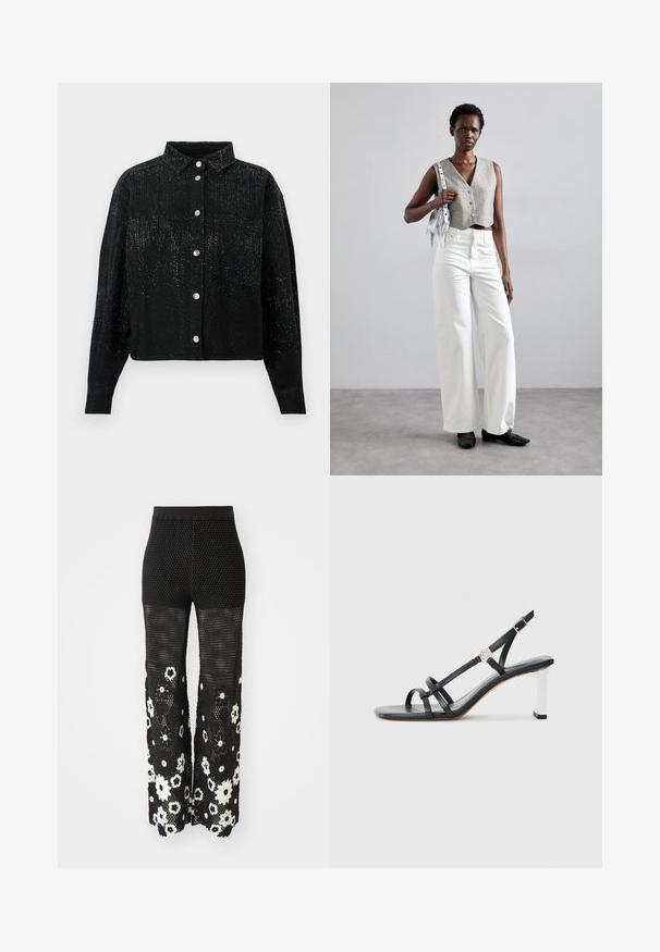 Schwarzes, knopfbares Hemd mit Kragen, aus strukturiertem Stoff und verstreuten metallischen Verzierungen. Eine Brusttasche auf der linken Seite.; Maje POCHETTY - Stoffhose - noir/blanc; Schwarze High-Heelsandalen mit mehreren schmalen Riemen, im Slingback-Design und einem silbernen Akzent an der Ferse. Glattes Obermaterial und blockförmige Ferse.; Grauer, verkürzter Weste mit Knöpfen, kombiniert mit weißen, weit geschnittenen Jeans und schwarzen flachen Schuhen. Ergänzt durch eine kleine silberne Fransenhandtasche.
