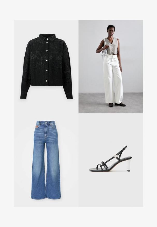 Schwarzes, knopfbares Hemd mit Kragen, aus strukturiertem Stoff und verstreuten metallischen Verzierungen. Eine Brusttasche auf der linken Seite.; Hochtaillierte, weite Jeans in hellblauem Denim mit leichter Ausbleichung, ausgestattet mit einem Knopfverschluss und einem Lederakzent am hinteren Taillenbund.; Schwarze High-Heelsandalen mit mehreren schmalen Riemen, im Slingback-Design und einem silbernen Akzent an der Ferse. Glattes Obermaterial und blockförmige Ferse.; Grauer, verkürzter Weste mit Knöpfen, kombiniert mit weißen, weit geschnittenen Jeans und schwarzen flachen Schuhen. Ergänzt durch eine kleine silberne Fransenhandtasche.