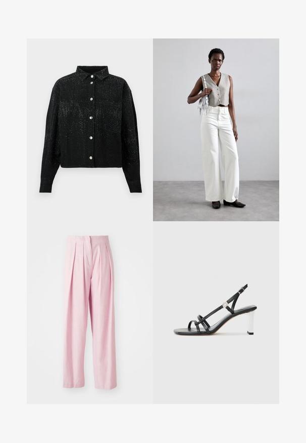 Black, button-up shirt with a collar, featuring a textured fabric and scattered metallic embellishments. One chest pocket on the left side.; Pink pleated trousers featuring a tailored design, made from lightweight fabric with a smooth texture and wide-leg cut.; Black heeled sandals with multiple narrow straps, a slingback design, and a silver accent on the heel. Smooth upper material and square heel.; Gray cropped vest with buttons, paired with white wide-leg jeans and black flat shoes. Accessorized with a small silver fringe bag.