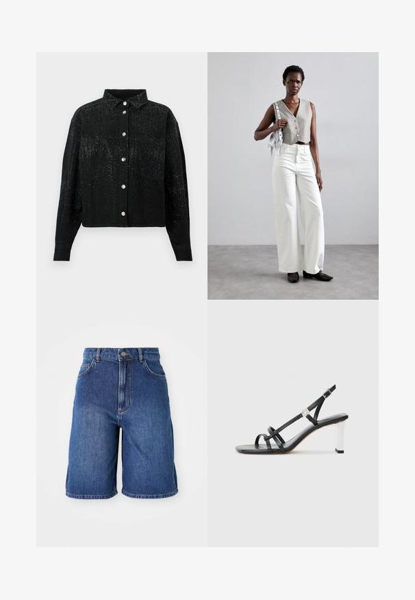 Melnā, pogu korsete ar apkakli, kas veidota no teksturētas auduma un rotā ar izkaisītiem metāliskiem akcentiem. Viena krūšu kabata kreisajā pusē.; Tumši zilie džinsus īsie šorti ar augstu jostas vietu, piecu kabatu dizainu un kontrastējošām diega šuvēm. Neapstrādāts apakšējais maliņu.; Melni papēžu sandales ar vairākiem šauriem siksniņām, slingback dizains un sudraba akcenti uz papēža. Gluda augšējā materiāla un kvadrātveida papēdis.; Pelēks īss vests ar pogām, apvienots ar baltām platām biksēm un melniem plakanajiem apaviem. Aksesuārs - mazs sudraba frizētājs.