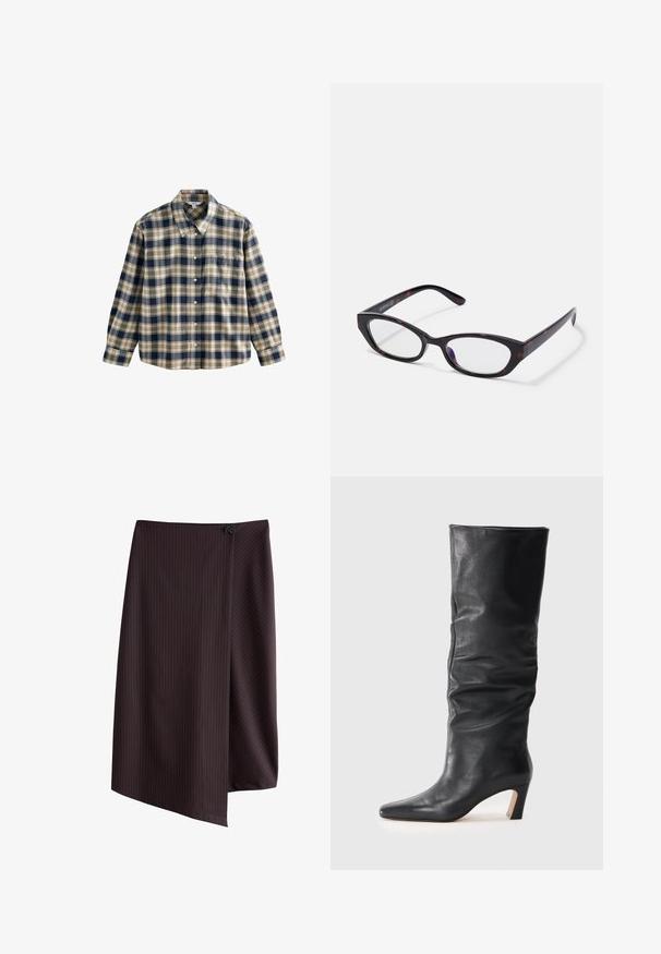 Tumed, kreemja ja beeži triibuline flanellipaita. Omab kraed, nupukinnitust, pikki varrukaid ja ühte rinna taskut. Pehme tekstuur.; Tumepruun seelik vertikaalsete triipudega, millel on mähiskujundus ja nupuga sulgur vöörihma kohal. Sile tekstuur. Äärte servad on asümmeetrilised.; Mustad nahast keskliigupikkusega kontsaga saapad, millel on veidi lohakalt langetatud varre ja terav nina, heledal taustal.; Kassi silmadega prillid läikiva tumeda kilpkonnakilbi plastraamiga, millel on kaarjad käed ja selged läätsed. Minimalistlik bränding küljel.