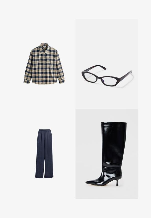 Kockovaná flanelová košeľa v námorníckej modrej, krémovej a béžovej farbe. Má golier, predné gombíky, dlhé rukávy a jednu náprsní vrecko. Mäkká textúra.; Námornícké široké nohavice z hladkého materiálu s elastickým pásom a bez viditeľných kovových častí. Majú uvoľnený strih a dlhý dizajn.; Čierna kožená topánka po kolená s lesklým povrchom, špicatou špičkou a štíhlým opätkom. Hladký povrch s minimálnymi dizajnovými detailmi.; Mačacie okuliare s lesklým tmavým korytnačím plastovým rámom, s zakrivenými nožičkami a priehľadnými sklami. Minimálne logo na boku.