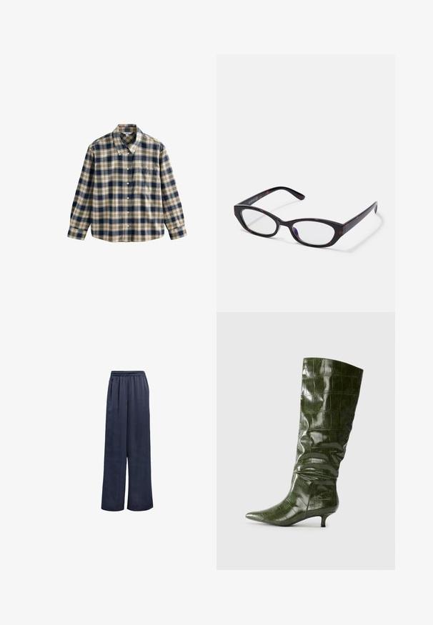 Kockás flaneling sötétkék, krém és bézs színekben. Gallérral, gombos elülső résszel, hosszú ujjakkal és egyetlen mellzsebbel rendelkezik. Puha tapintású.; Sötétkék, széles szárú nadrág sima anyagból, rugalmas derékkal és láthatatlan fémrészek nélkül. Lazább helyzetű és teljes hosszúságú kialakítással rendelkezik.; Magas, sötétzöld krokodilmintás bőrcipő, hegyes orral és alacsony, kisméretű sarkal, oldalról látható, sima háttér előtt.; Cica szemformájú szemüveg fényes sötét teknőctorony műanyag kerettel, ívelt szárakkal és tiszta lencsékkel. Minimális márkázás az oldalon.