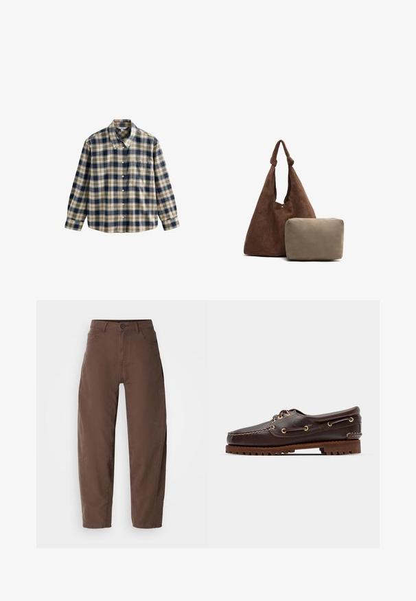 Chemise en flanelle à carreaux dans des tons de marine, crème et beige. Dotée d'un col, d'une fermeture à boutons, de manches longues et d'une poche poitrine unique. Texture douce.; Pantalons marron à jambes droites avec bouton avant et fermeture éclair, passants de ceinture et poches latérales, présentés sur un fond blanc.; Bateau en cuir marron avec des œillets dorés, des lacets ronds et une semelle en caoutchouc marron texturée. Présente des détails de couture et un logo en relief.; Sac à épaule en suède brun avec une bandoulière nouée, comprenant une petite pochette zippée beige. Le sac a une texture douce et un design simple.
