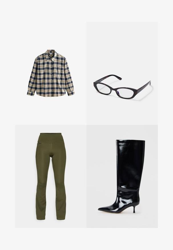 Kariertes Flanellhemd in Marineblau, Creme und Beige. Mit Kragen, Knopfleiste, langen Ärmeln und einer Brusttasche. Weicher Stoff.; Olivgrüne Leggings mit hohem Taillenbund, aus elastischem Stoff. Mit einer Seitentasche und Flachnähte für Komfort und Flexibilität.; Schwarze, knöchelhohe Lederstiefel mit glänzender Oberfläche, spitzer Zehe und schlankem Absatz. Glatte Struktur mit minimalen Designdetails.; Katzenaugen-Brillen mit einem glänzenden, dunkel-schalenförmigen Kunststoffrahmen, der geschwungene Arme und klare Gläser aufweist. Minimale Markenkennzeichnung an der Seite.