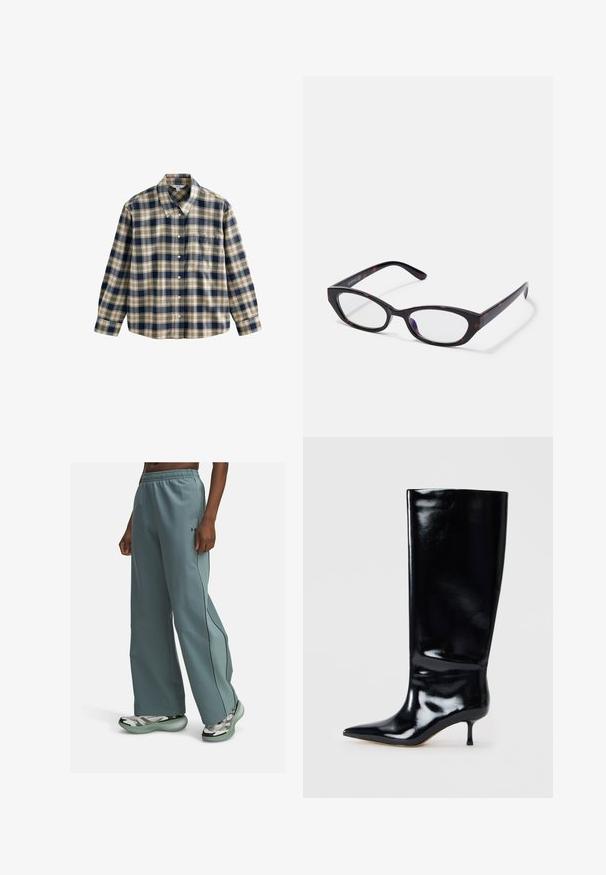 Koszula flanelowa w kratę w kolorach granatowym, kremowym i beżowym. Posiada kołnierz, zapięcie na guziki, długie rękawy oraz jedną kieszeń na piersi. Miękka tekstura.; Jasnozielone szerokie spodnie wykonane z gładkiego materiału, z czarnymi lamówkami po bokach i elastycznym paskiem w talii dla komfortu.; Czarny, skórzany but do kolan o błyszczącej powierzchni, spiczastym nosku i smukłym obcasie. Gładka faktura z minimalną ilością detali projektu.; Okulary w kształcie kota z błyszczącą, ciemną oprawą w stylu żółwia z plastikowym szkieletem, posiadające zakrzywione zauszniki i przezroczyste soczewki. Minimalne oznaczenie marki z boku.