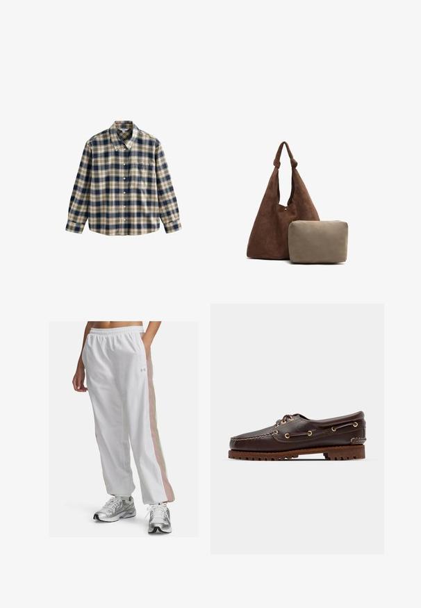 Koszula flanelowa w kratę w kolorach granatowym, kremowym i beżowym. Posiada kołnierz, zapięcie na guziki, długie rękawy oraz jedną kieszeń na piersi. Miękka tekstura.; Białe spodnie sportowe z elastycznym paskiem w talii, z pastelowymi różowymi i beżowymi paskami po bokach. Wykonane z lekkiego, gładkiego materiału.; Brązowe skórzane buty w stylu boat shoe z złotymi oczkami, okrągłymi sznurowadłami oraz teksturowaną brązową gumową podeszwą. Zawierają przeszycia i wypukłe logo.; Brązowa zamszowa torebka na ramię z węzłowym paskiem, z małą beżową saszetką na zamek. Torba ma miękką fakturę i prosty design.