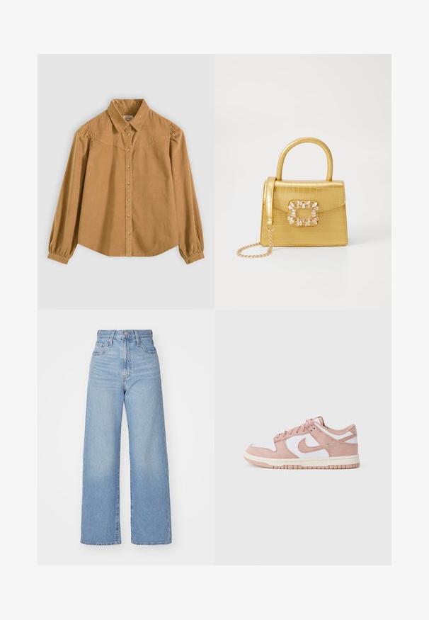 Brown button-up shirt with a collar, long sleeves, and gathered detailing. Made from fabric with a soft texture and slightly relaxed fit.; Light blue high-waist wide-leg jeans with front button and zip closure, front and back pockets, on a white background.; Sneaker features a soft pink suede upper, white leather panels, and a textured rubber sole. Notable swoosh logo on sides, laced design.; Yellow faux-crocodile handbag with a structured design, top handle, detachable chain strap, and decorative crystal embellishment on the clasp.