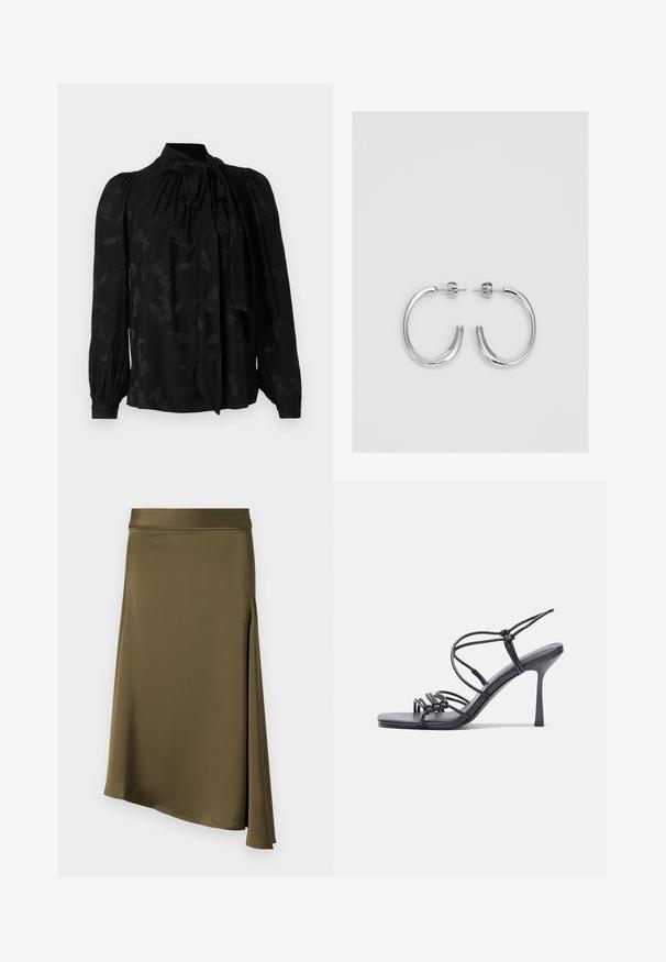 Fekete blúz magas gallérral és megkötő részlettel. Diszkrét virágmintával és puffos hosszú ujjal, ráncolt mandzsettával rendelkezik. Sima textúrájú.; Olívazöld szoknya sima, könnyű anyagból; aszimmetrikus szegéllyel és oldalsó részel a mozgás és a stílus érdekében.; Fekete magas sarkú szandálok vékony pántokkal, csomózott mintával, sima négyzetes orral és karcsú stiletto sarkal rendelkeznek.; Ezüst karika fülbevalók sima, fényes felülettel. Lekerekített forma, könnyű kialakítással, tűs zárómechanizmussal.