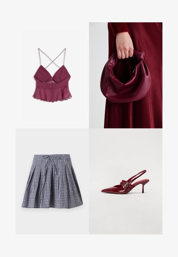 Top burgund cu bretele, cu umeri flared, având un overlay lejer, transparent și detalii cu fundă în față pentru o ajustare confortabilă.; Fustă cu model tartan în bleumarin și alb, dotată cu pliseuri, talie cu șnur și formă evazată. Confecționată dintr-un material ușor.; Pantofi cu toc slingback din piele roșie lacuită, cu vârf ascutit, două curele cu cataramă și un toc subțire, de înălțime medie. Textură netedă.; Geantă de mână din piele burgundă, cu un design moale și pliat și o formă rotundă. Mânerele sunt securizate, evidențiind o textură netedă.