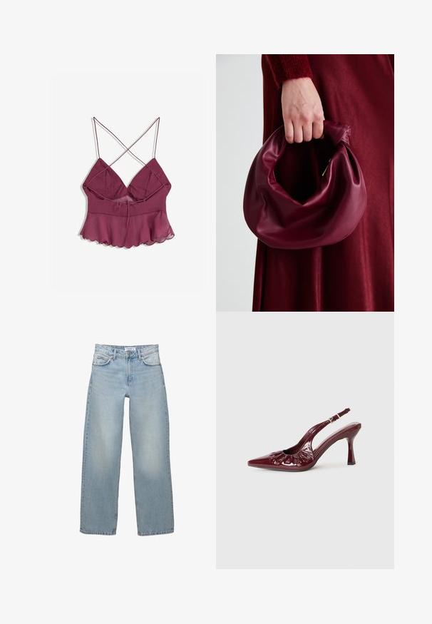 Burgundi színű pántos felső, flared aljjal, laza, áttetsző overlay-vel és elöl állítható megkötő részlettel a kényelmes illeszkedés érdekében.; Világoskék, bő szárú farmernadrág. Klasszikus, öt zsebes kialakítással, gombos és cipzáras záródással.; Burgundy lakkbőr pántos magassarkú cipők hegyes orral és fodros díszítéssel, karcsú sarkú és állítható bokapánttal.; Burgundi bőrtáska puhán ráncolt dizájnnal és kerek alakban. A fogantyú rögzítve van, sima textúrával rendelkezik.