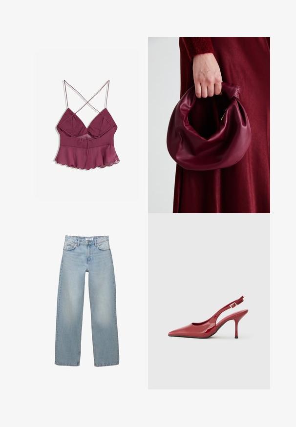 Burgundská top s popruhmi a rozšíreným lemom, ktorý má voľný, priehľadný overlay a detail na viazanie vpredu na nastavenie veľkosti.; Svetlomodré, široké džínsy vyrobené z denimu. Disponujú klasickým dizajnom s piatimi vreckami a zapínaním na gombík a zips.; Červené lakované kožené topánky na opätku so špicatou špičkou, štíhlým stiletto opätkom a malým výrezom na boku. Hladký povrch.; Burgundská kožená kabelka s mäkkým, zhromaždeným dizajnom a zaobleným tvarom. Rukoväť je pevne zaisťujúca a vystavuje hladkú textúru.