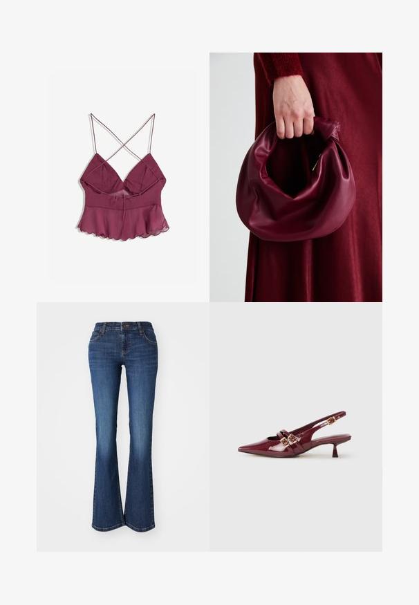 Burgundowa bluzka na ramiączkach z rozkloszowanym dołem, z luźnym, przezroczystym overlajnem i detalem związania z przodu umożliwiającym regulację dopasowania.; Spodnie dżinsowe w kolorze średniego niebieskiego z rozszerzanymi nogawkami, charakteryzujące się gładką fakturą, średnim stanem oraz tradycyjnym pięciopocketowym krojem z metalowymi akcentami.; Burgundowe lakierowane buty slingback z ostrym noskiem, dwoma płaskimi paskami z złotymi klamrami oraz małym obcasem.; Bordowa skórzana torebka o miękkim, marszczonym wyglądzie i zaokrąglonym kształcie. Uchwyt jest zabezpieczony, co podkreśla gładką fakturę.