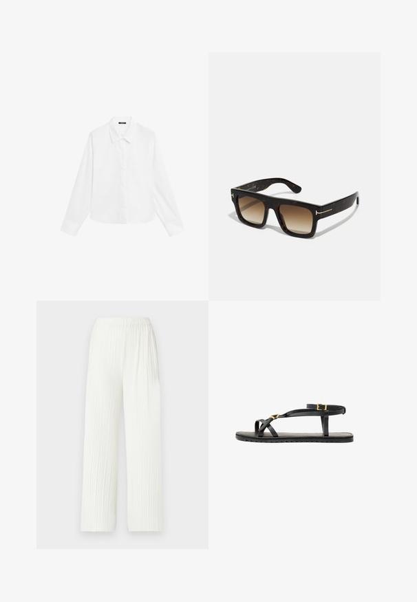 White long-sleeve shirt with a pointed collar, button-down front, and straight hem. Made from smooth fabric with a crisp, clean appearance.; White, pleated wide-leg pants with an elastic waistband. Made of lightweight fabric, featuring vertical stripes and a fluid fit.; Black leather sandals with thin straps and a buckled ankle strap. Flat sole with a textured finish and zigzag edge. Minimalist design.; Tortoiseshell sunglasses with a square frame, gradient brown lenses, and subtle gold hardware accents on the temples.