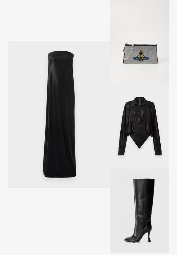 Black bodysuit with long sleeves, V-neck, and a fitted silhouette. Made of shiny, smooth fabric with a structured collar and cuffs.; Black strapless maxi dress made of smooth, shiny fabric. Features a fitted bodice and flowing silhouette, reaching the floor without embellishments.; Black leather knee-high boot with a fitted shaft and pointed toe. Features a distinctive curved heel and smooth textured surface.; Black clutch bag with silver chain strap, featuring a colorful beaded design of a yellow submarine surrounded by a blue ring.